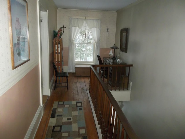 hall featuring ornamental molding and dark wood-type flooring