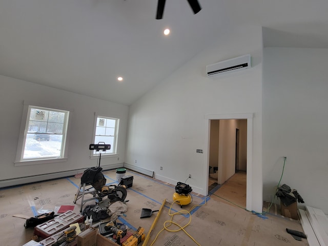 workout area featuring high vaulted ceiling and a wall mounted AC