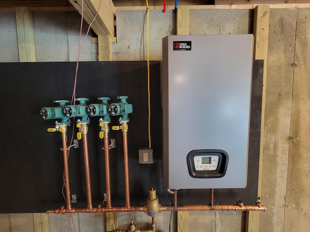 utility room with tankless water heater