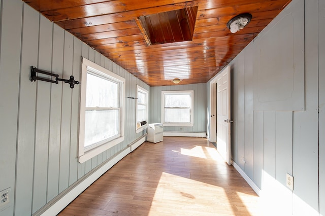 interior space with a baseboard radiator and wooden ceiling