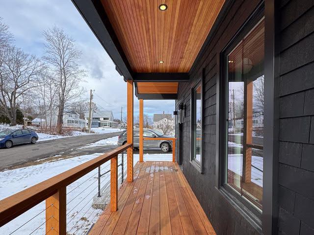 view of snow covered deck