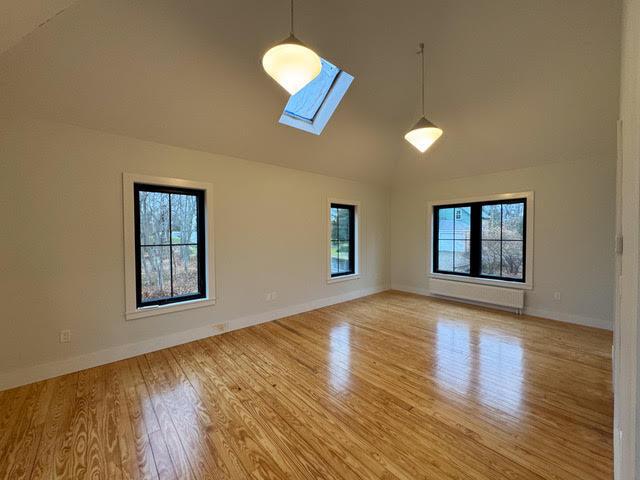 interior space featuring lofted ceiling with skylight and light hardwood / wood-style flooring