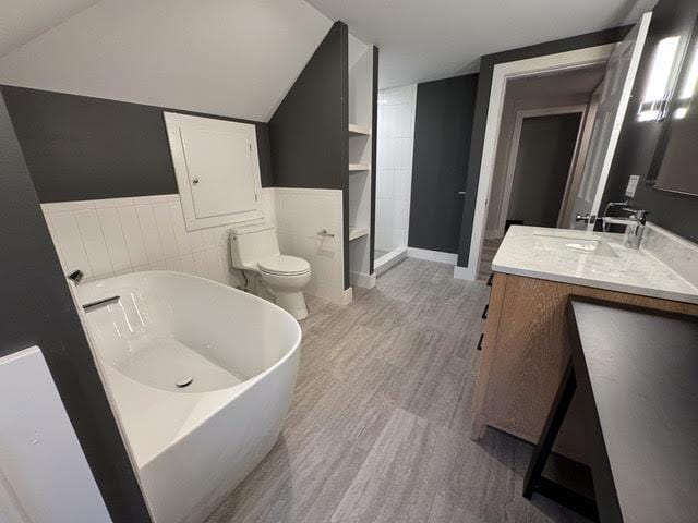 bathroom with vanity, a bathing tub, and toilet