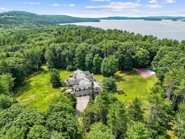 bird's eye view featuring a water and mountain view