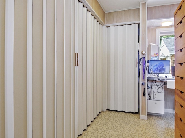 bathroom featuring wooden walls