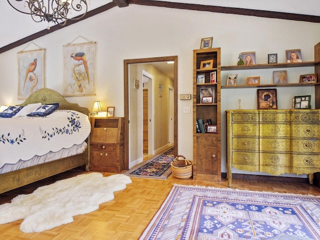 bedroom featuring lofted ceiling with beams, parquet flooring, and an inviting chandelier