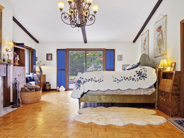 bedroom with lofted ceiling with beams and light parquet flooring