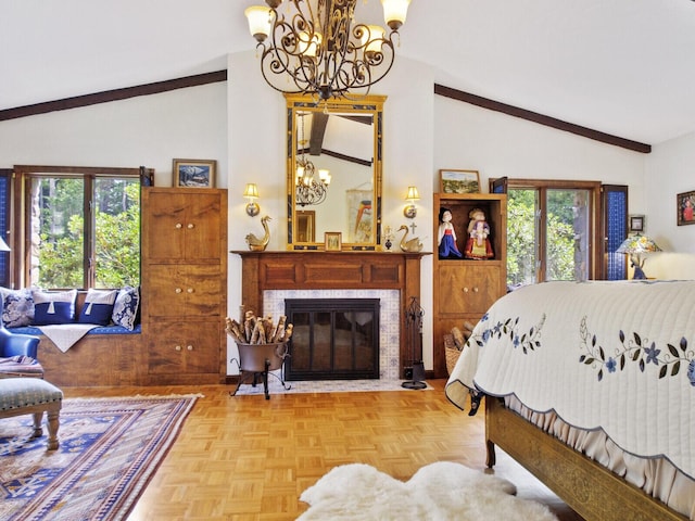 bedroom featuring multiple windows, lofted ceiling with beams, a chandelier, and light parquet floors