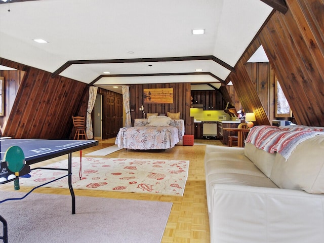 bedroom featuring parquet floors, wooden walls, and vaulted ceiling with beams