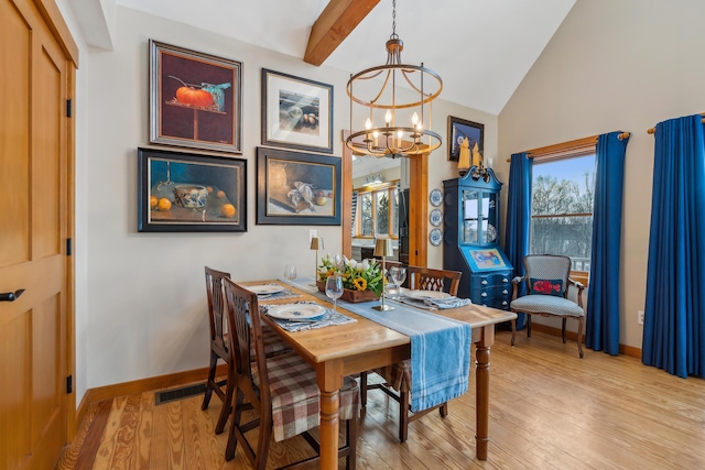 dining room featuring lofted ceiling with beams, a chandelier, and light wood-type flooring