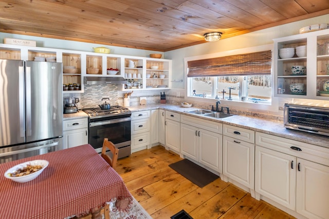 kitchen with appliances with stainless steel finishes, sink, white cabinets, decorative backsplash, and wood ceiling