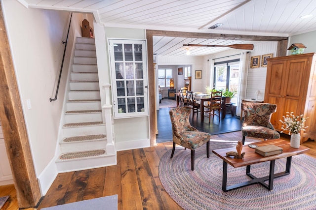 sitting room featuring wood-type flooring and wood ceiling