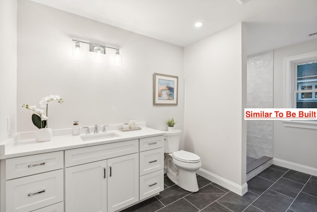 bathroom featuring tile patterned flooring, vanity, toilet, and tiled shower