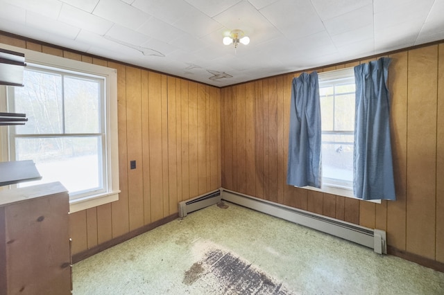 empty room featuring a baseboard radiator, plenty of natural light, and wooden walls