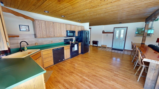 kitchen with sink, wood ceiling, and black appliances