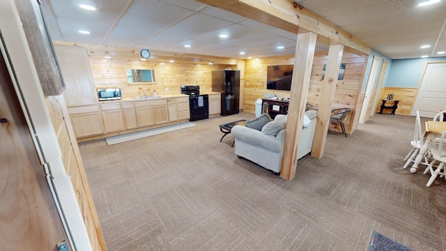 carpeted living room featuring sink and wood walls