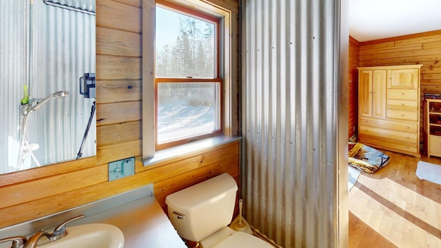 bathroom with toilet, wooden walls, and sink