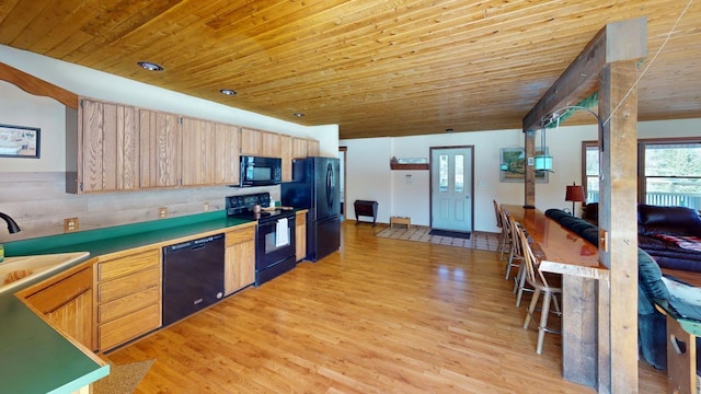 kitchen featuring sink, wood ceiling, and black appliances