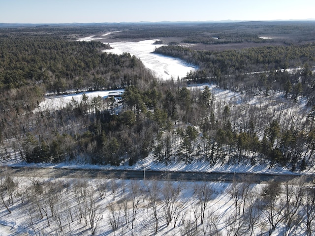 snowy aerial view featuring a water view