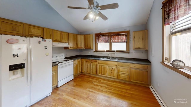 kitchen with sink, white appliances, light hardwood / wood-style flooring, vaulted ceiling, and a baseboard radiator