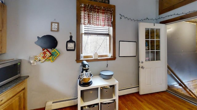 entryway with a baseboard radiator and dark hardwood / wood-style flooring