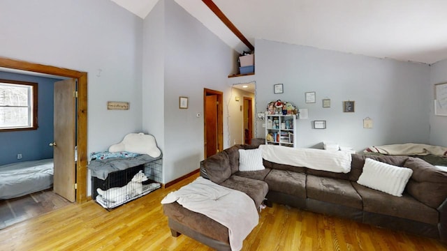 living room with hardwood / wood-style flooring and vaulted ceiling