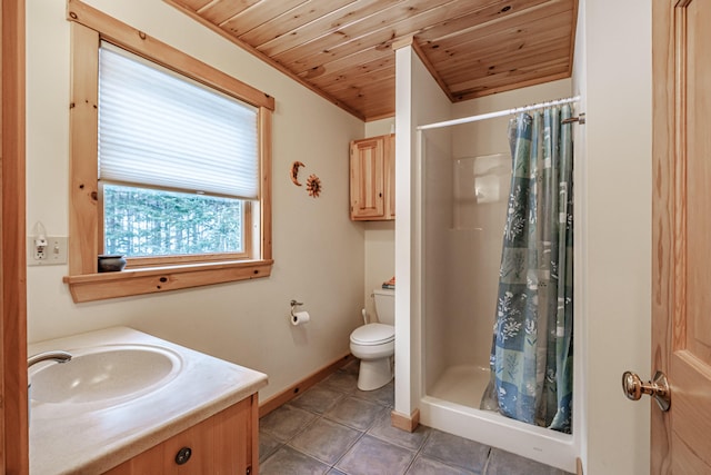 bathroom featuring vanity, wooden ceiling, toilet, and walk in shower