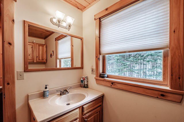 bathroom with vanity and wooden ceiling