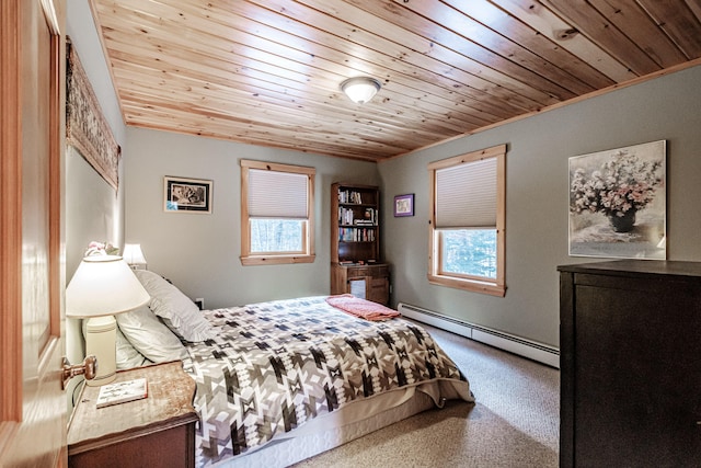 carpeted bedroom with a baseboard radiator and wooden ceiling