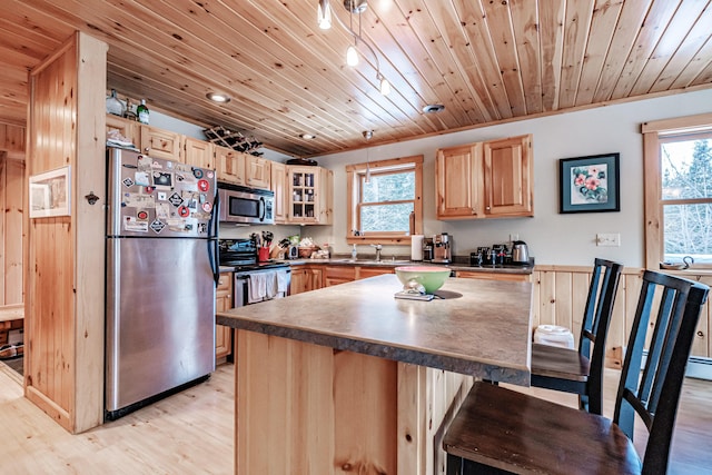 kitchen with sink, light hardwood / wood-style flooring, appliances with stainless steel finishes, light brown cabinetry, and wooden ceiling