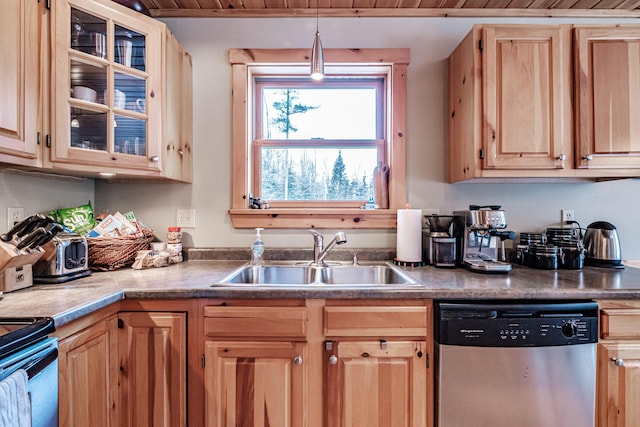 kitchen with decorative light fixtures, sink, stainless steel dishwasher, wood ceiling, and light brown cabinets