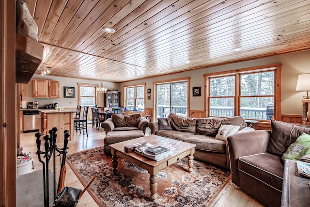 living room featuring a wealth of natural light, wooden ceiling, light wood-type flooring, and wood walls