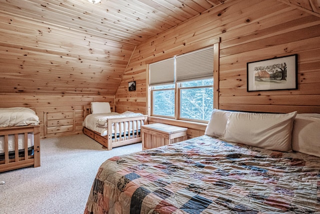 carpeted bedroom with wood ceiling, wooden walls, and vaulted ceiling