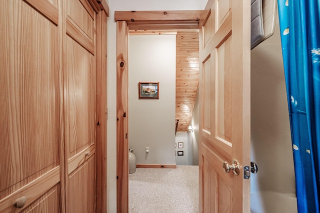 hall featuring wood ceiling, wood walls, and carpet flooring