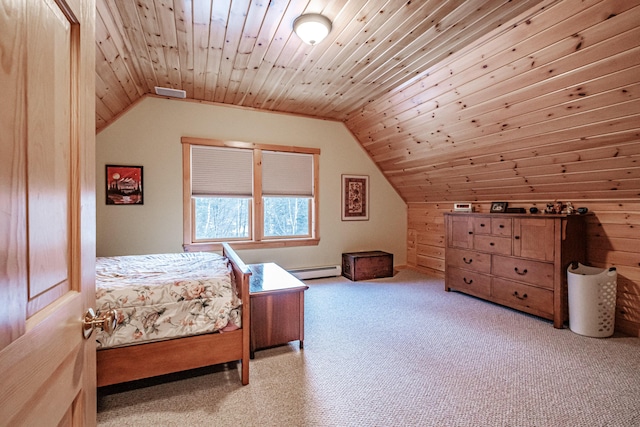 bedroom featuring lofted ceiling, wood ceiling, a baseboard radiator, and light colored carpet