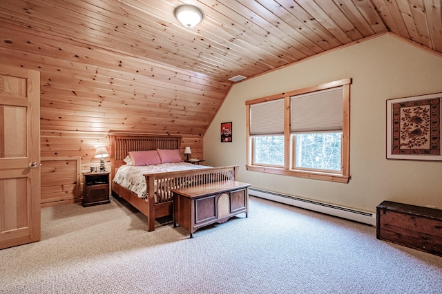 bedroom with wood walls, wooden ceiling, light carpet, and a baseboard heating unit