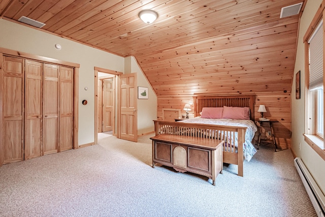 unfurnished bedroom with light carpet, a baseboard heating unit, wood ceiling, and wood walls