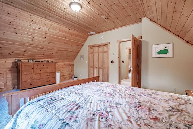 carpeted bedroom with vaulted ceiling, wooden ceiling, and crown molding