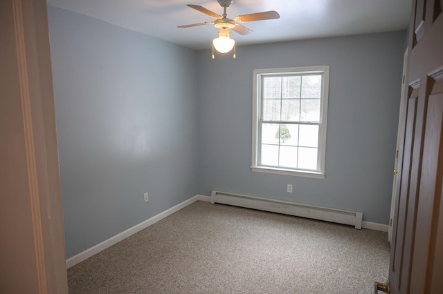 empty room featuring a baseboard radiator, ceiling fan, and carpet