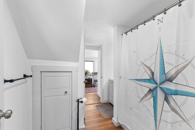 bathroom featuring hardwood / wood-style flooring and lofted ceiling