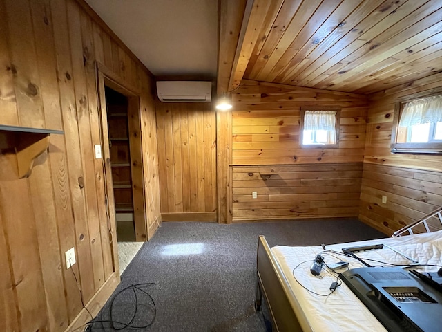 interior space featuring wood walls, a wall mounted air conditioner, wooden ceiling, and vaulted ceiling with beams