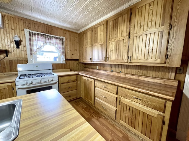 kitchen with ornamental molding, sink, white gas range oven, and light hardwood / wood-style flooring