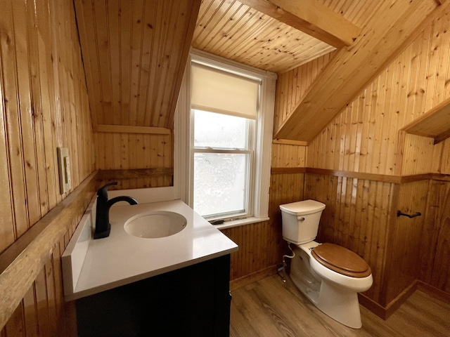 bathroom with toilet, wood walls, wood-type flooring, wooden ceiling, and vanity