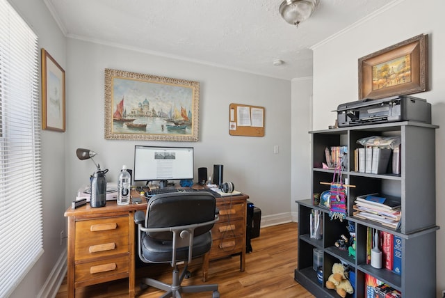 office featuring crown molding, hardwood / wood-style floors, and a textured ceiling