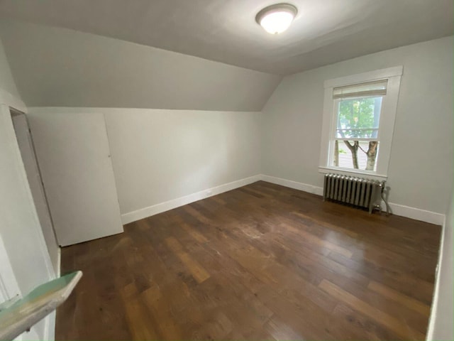 additional living space with vaulted ceiling, radiator, and dark hardwood / wood-style flooring