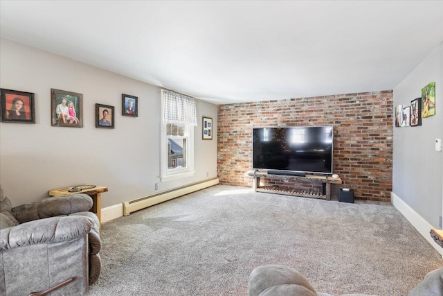 living area featuring a baseboard heating unit, carpet, and baseboards