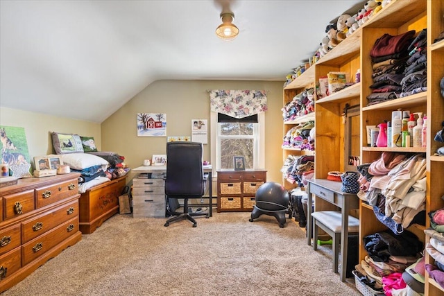 office space featuring light carpet and lofted ceiling