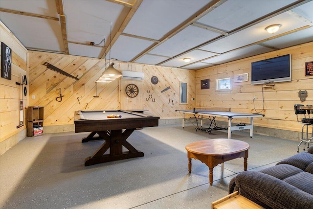 rec room with an AC wall unit, billiards, electric panel, and wooden walls