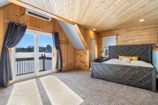 carpeted bedroom featuring a water view, an AC wall unit, wooden walls, access to outside, and wooden ceiling