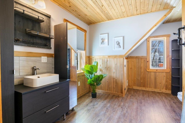 bathroom with toilet, wood finished floors, vanity, wood ceiling, and wainscoting